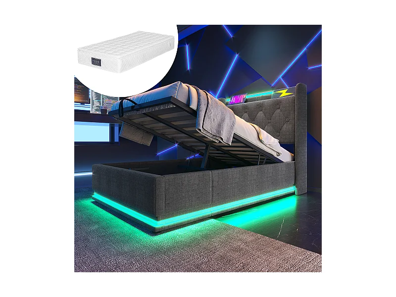 Letto imbottito per bambini - con LED a 360 gradi - testiera con USB - con materasso - materiale lino - grigio