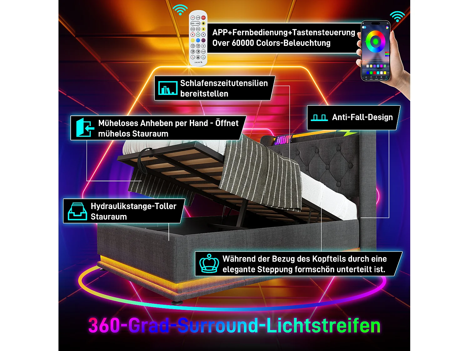 Kinderbed gestoffeerd - met 360 graden LED's - hoofdbord met USB - met matras - linnen stof - grijs