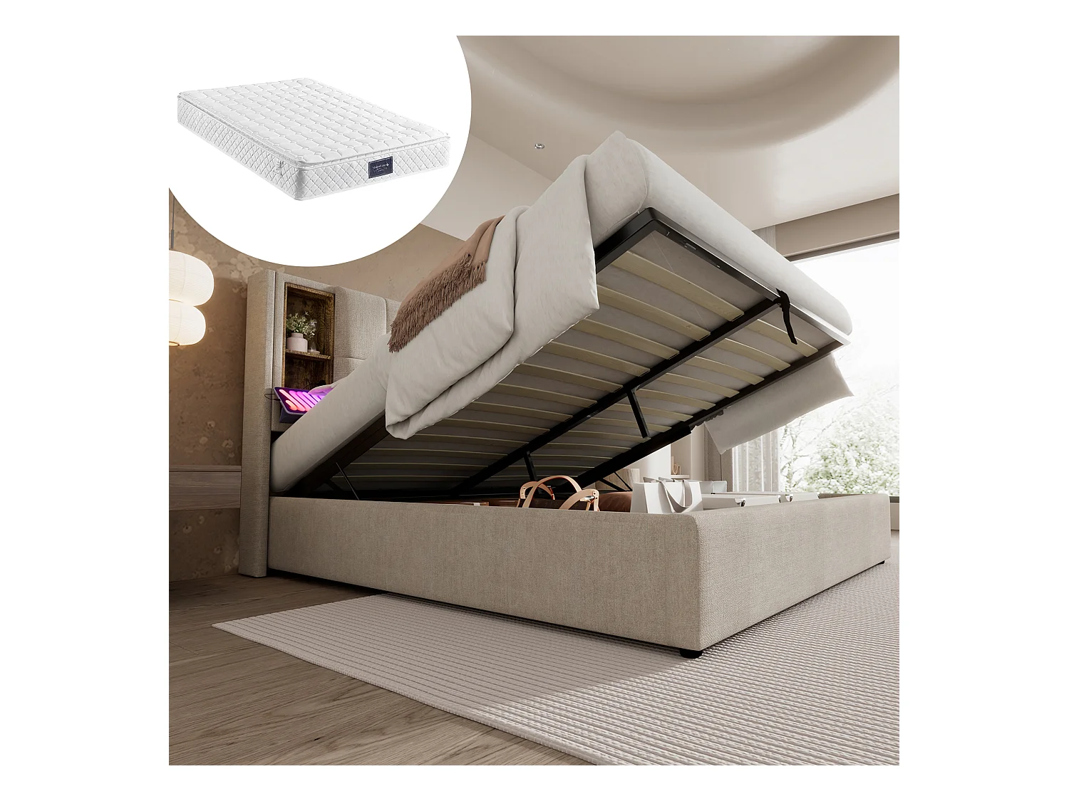 Tweepersoonsbed met opbergruimte - 160 x 200 cm - met draadloos opladen via USB - met matras - linnen stof - natuurlijk