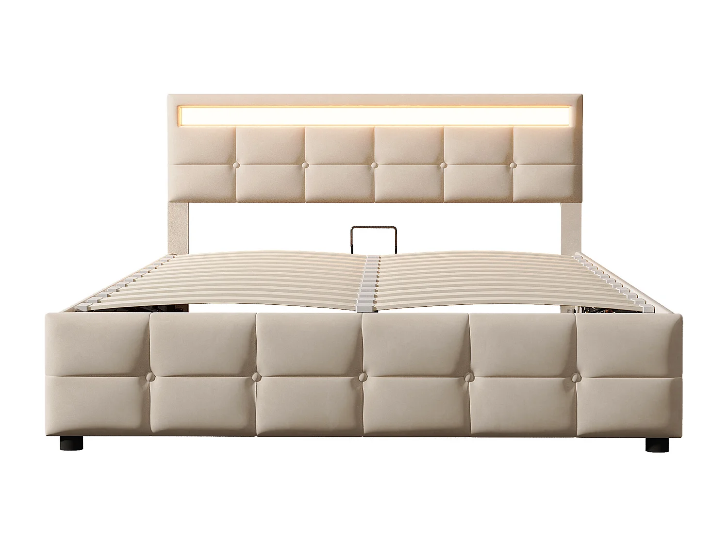 Lit coffre rembourré double - 180 x 200 cm - avec Leds - tissu velours hollandais - beige