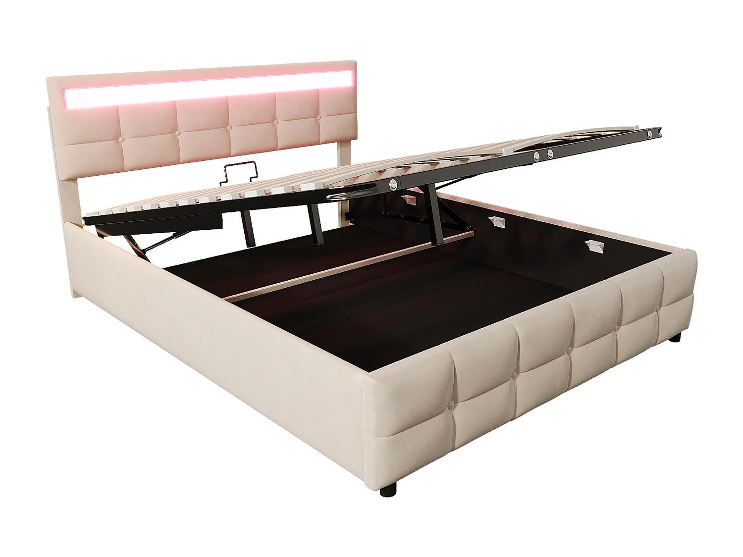 Lit coffre rembourré double - 180 x 200 cm - avec Leds - tissu velours hollandais - beige