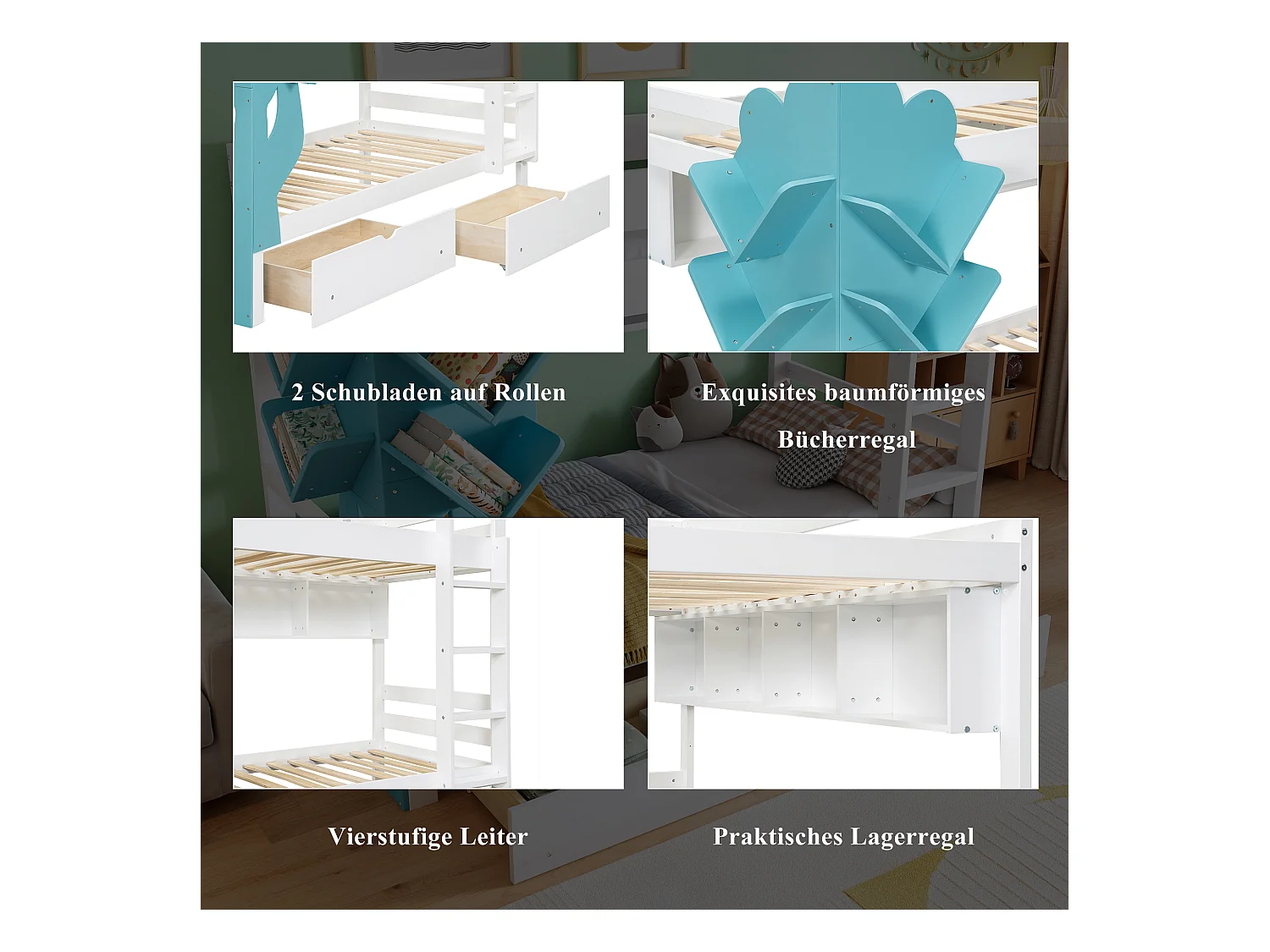 Kinder-Etagenbett - 2 x 90 x 200 - Ablageboden + 2 Schubladen - Kiefer + MDF - weiß + blau