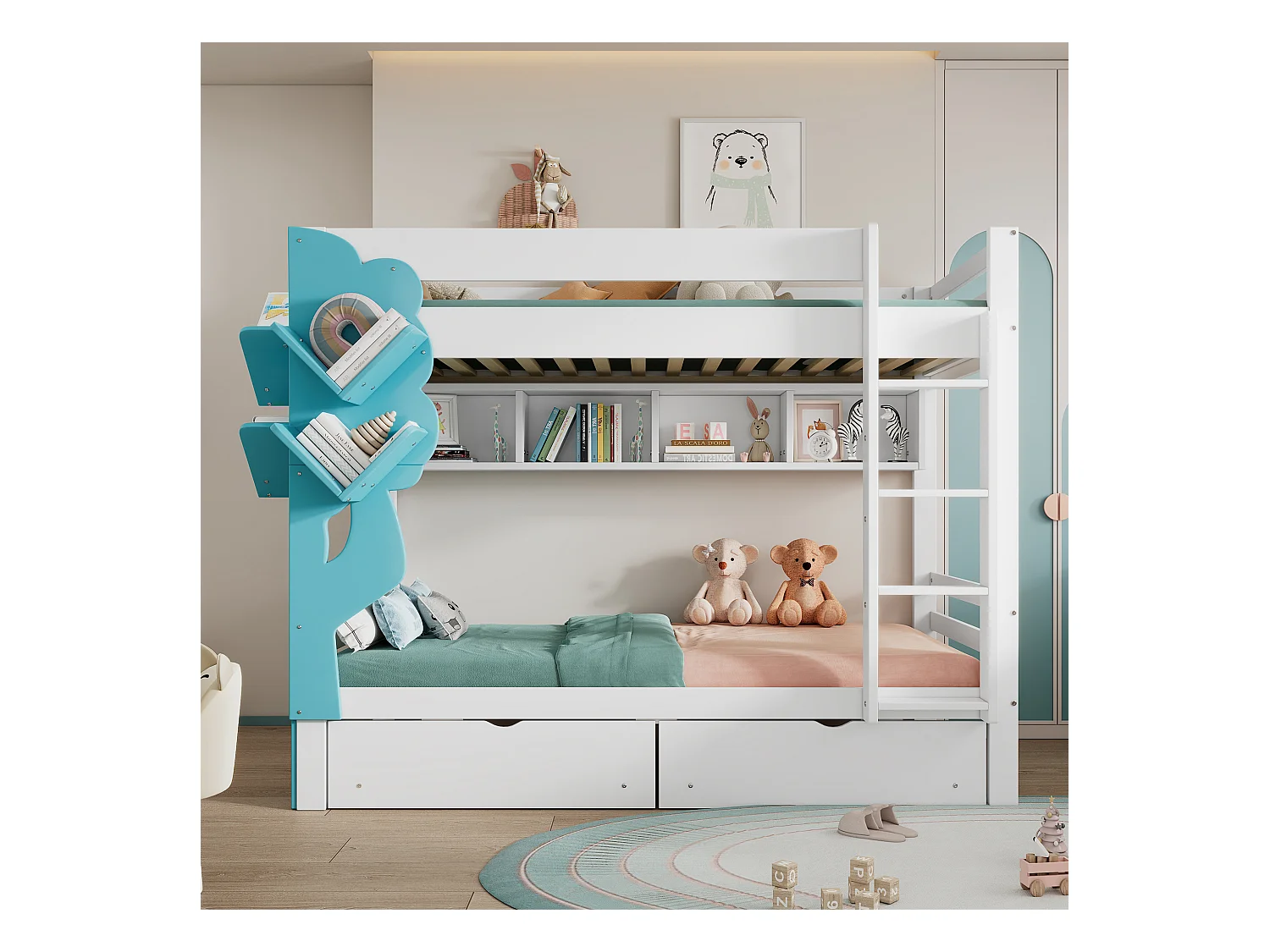 Kinder-Etagenbett - 2 x 90 x 200 - Ablageboden + 2 Schubladen - Kiefer + MDF - weiß + blau