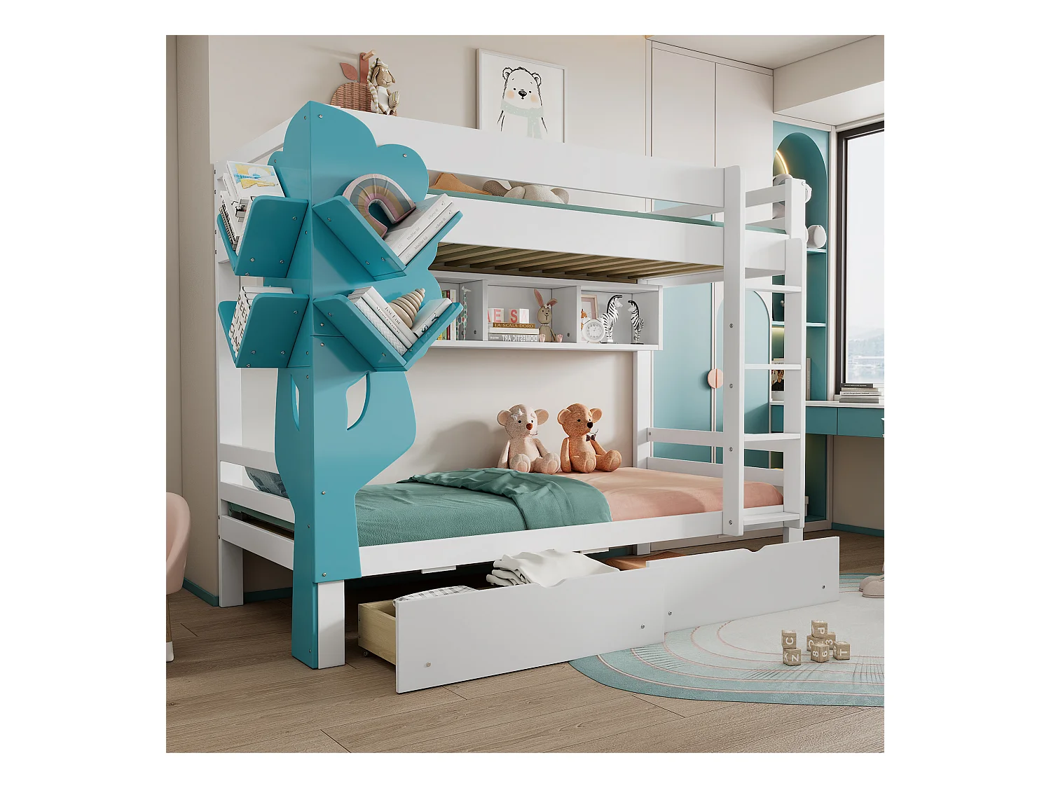 Kinder-Etagenbett - 2 x 90 x 200 - Ablageboden + 2 Schubladen - Kiefer + MDF - weiß + blau