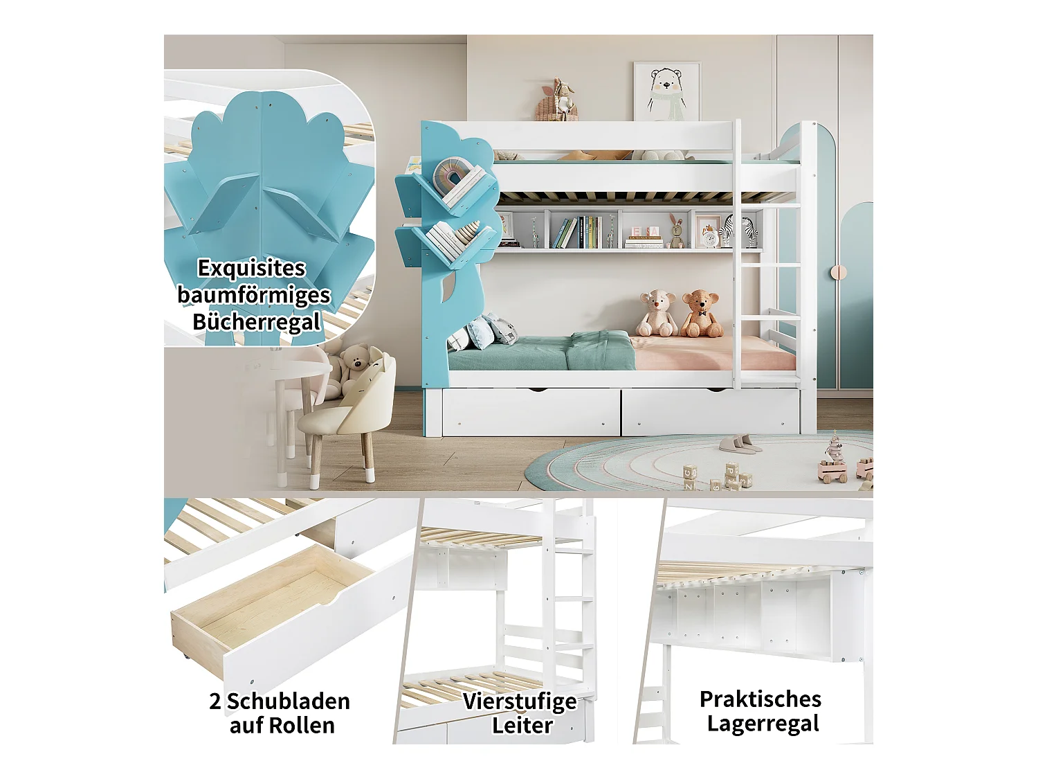 Kinder-Etagenbett - 2 x 90 x 200 - Ablageboden + 2 Schubladen - Kiefer + MDF - weiß + blau