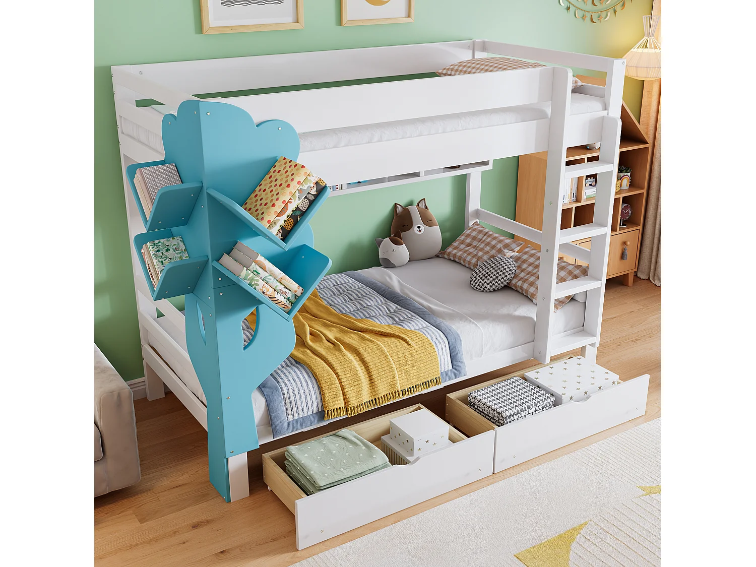 Litera infantil - 2 x 90 x 200 - estantería + 2 cajones - pino + MDF - blanco + azul