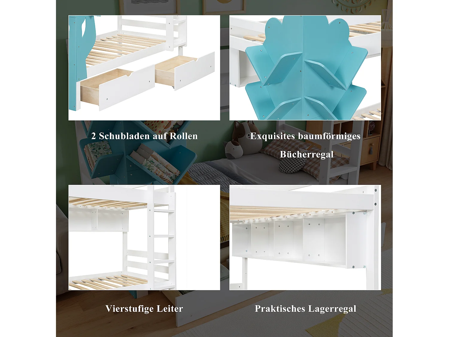 Litera infantil - 2 x 90 x 200 - estantería + 2 cajones - pino + MDF - blanco + azul