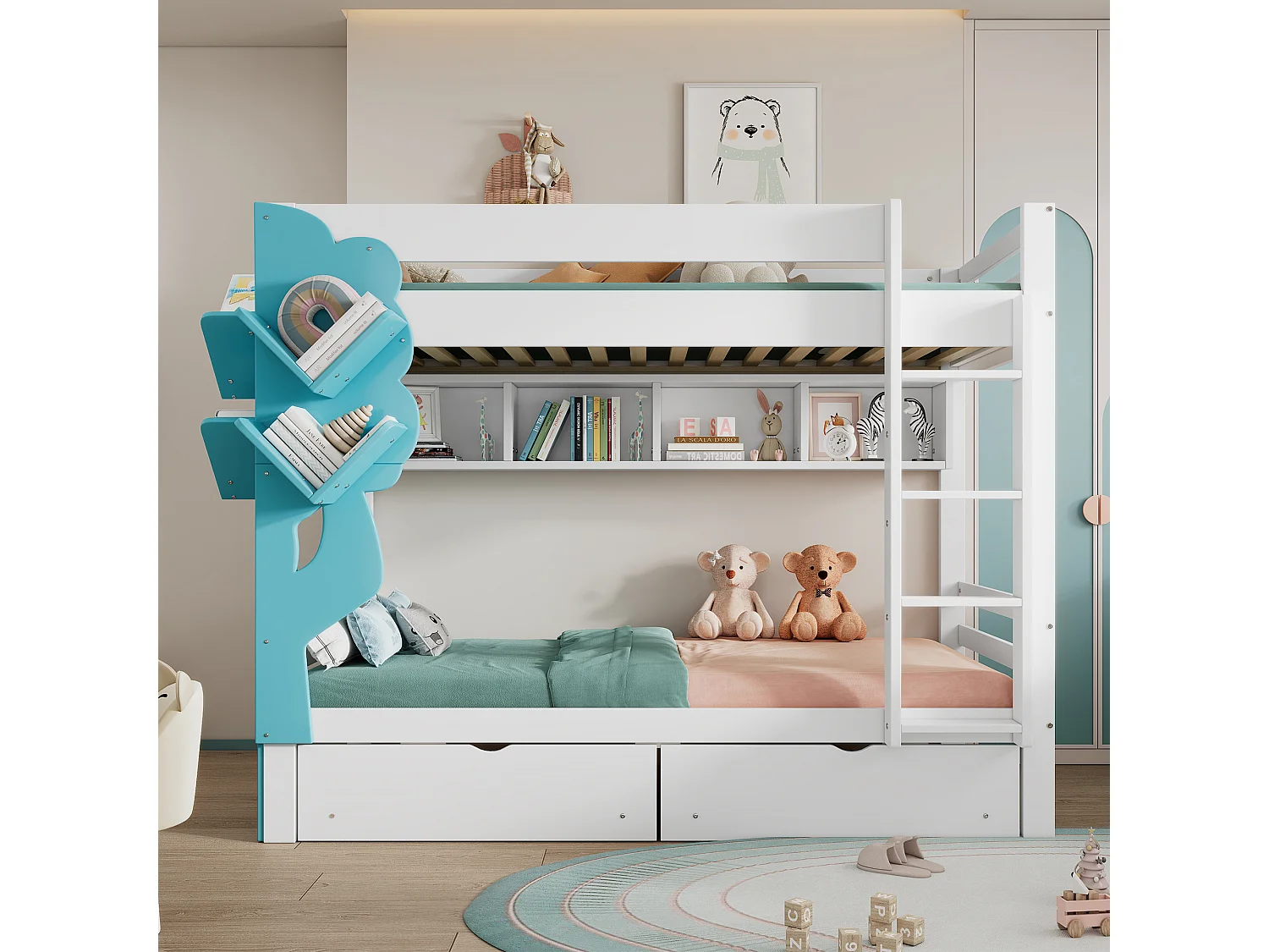 Litera infantil - 2 x 90 x 200 - estantería + 2 cajones - pino + MDF - blanco + azul