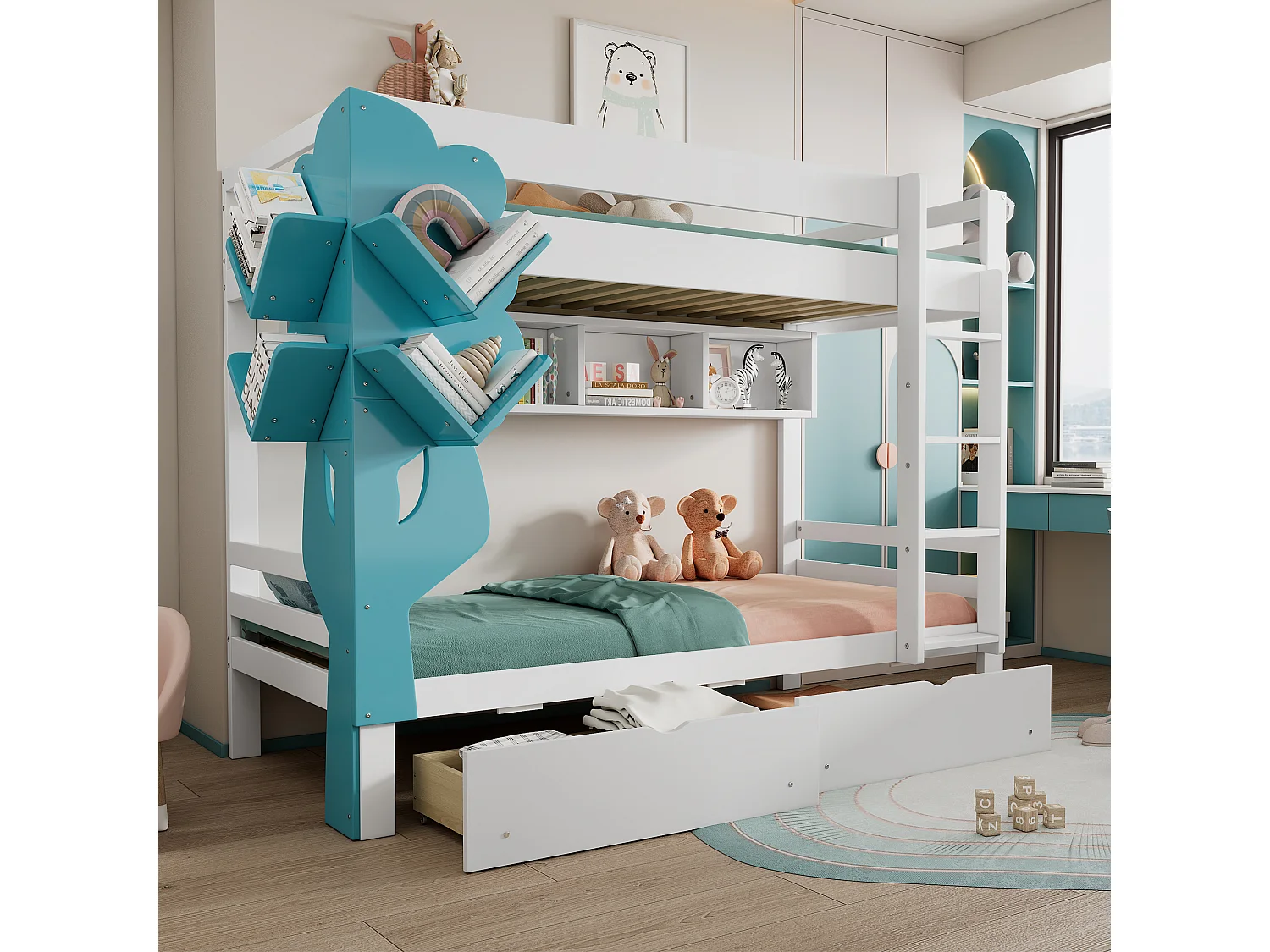 Litera infantil - 2 x 90 x 200 - estantería + 2 cajones - pino + MDF - blanco + azul