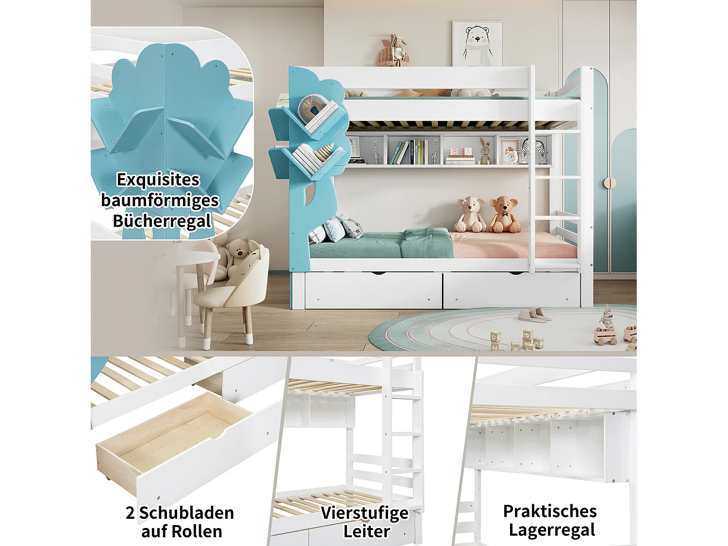 Litera infantil - 2 x 90 x 200 - estantería + 2 cajones - pino + MDF - blanco + azul
