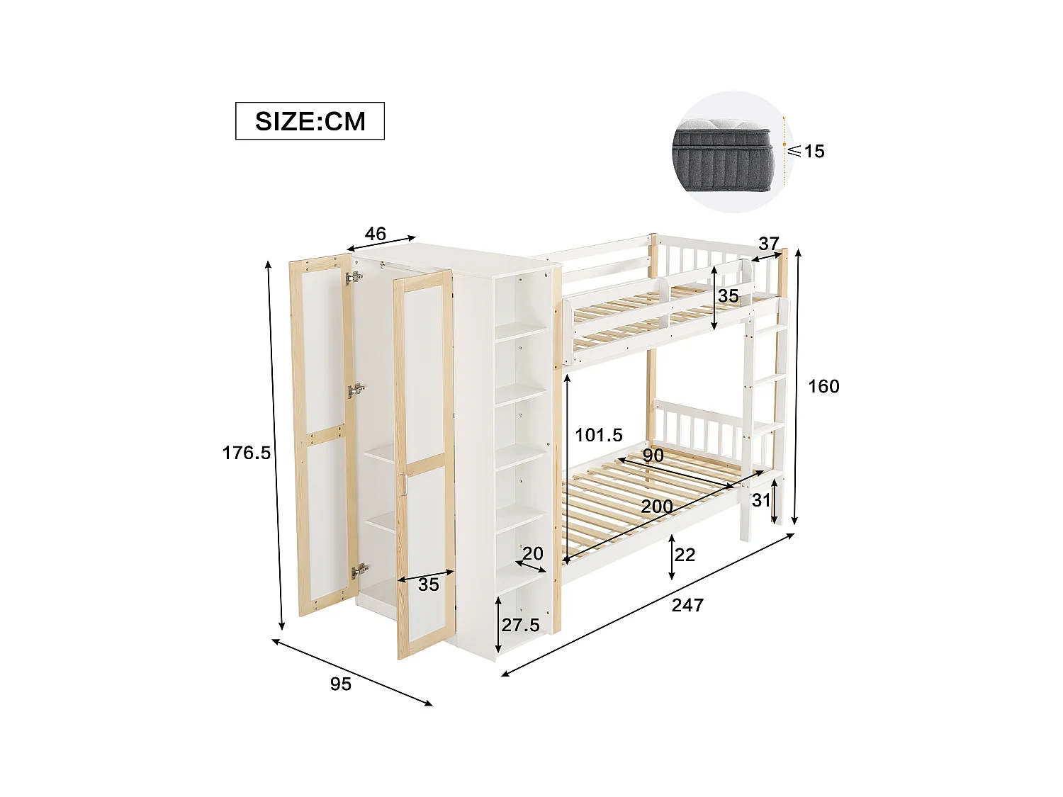 Łóżko piętrowe dla dzieci - 90 x 200 cm - z 6 otwartymi półkami + szafa - sosna + PB - biały + naturalny