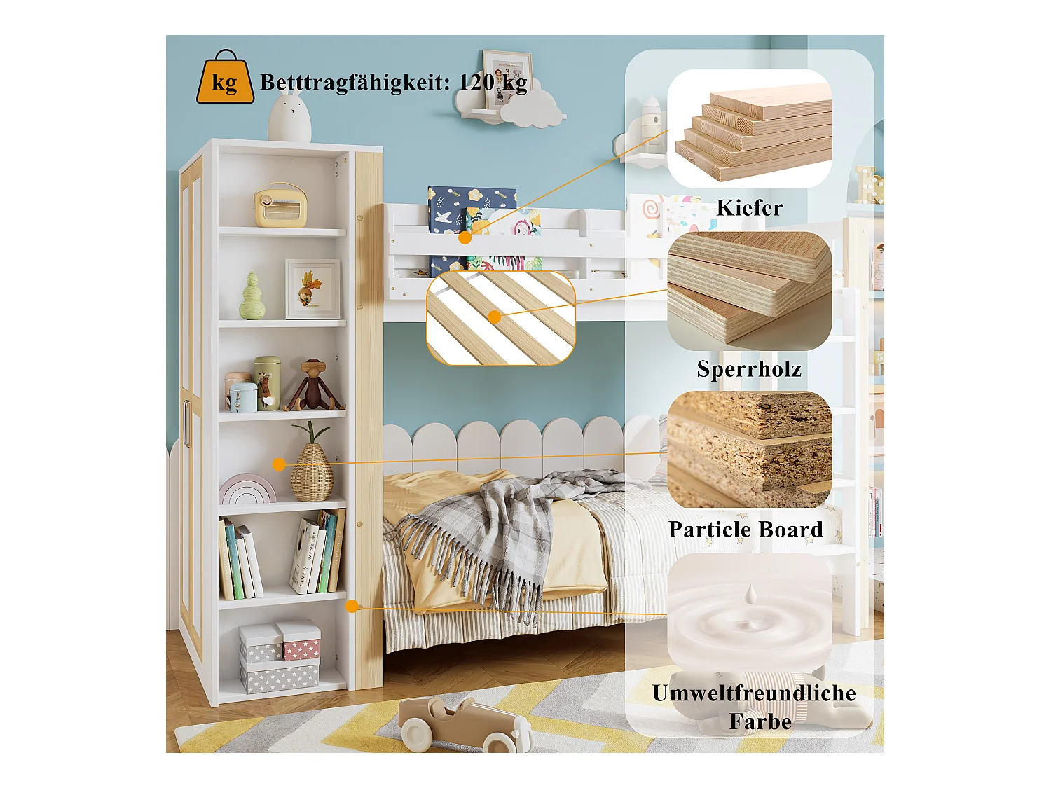 Łóżko piętrowe dla dzieci - 90 x 200 cm - z 6 otwartymi półkami + szafa - sosna + PB - biały + naturalny