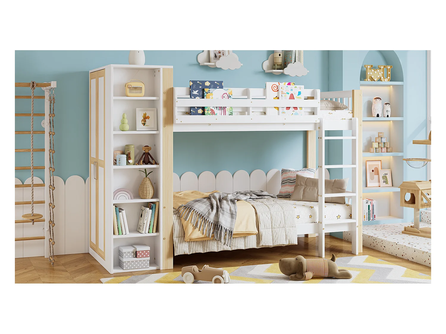 Łóżko piętrowe dla dzieci - 90 x 200 cm - z 6 otwartymi półkami + szafa - sosna + PB - biały + naturalny