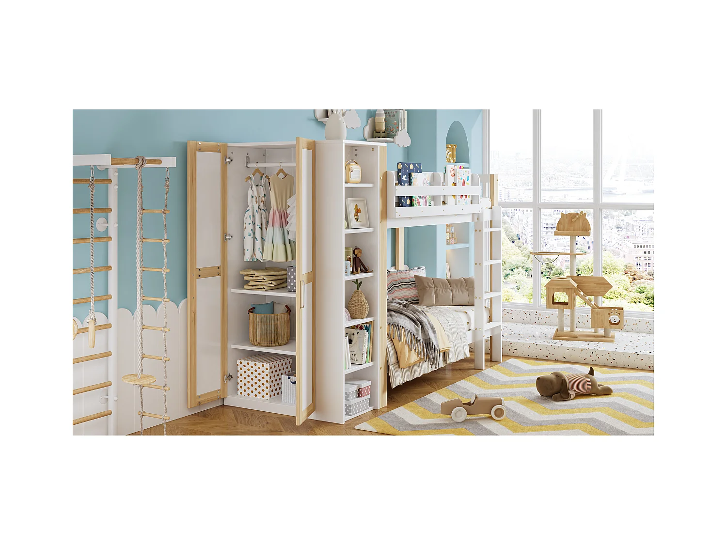 Łóżko piętrowe dla dzieci - 90 x 200 cm - z 6 otwartymi półkami + szafa - sosna + PB - biały + naturalny