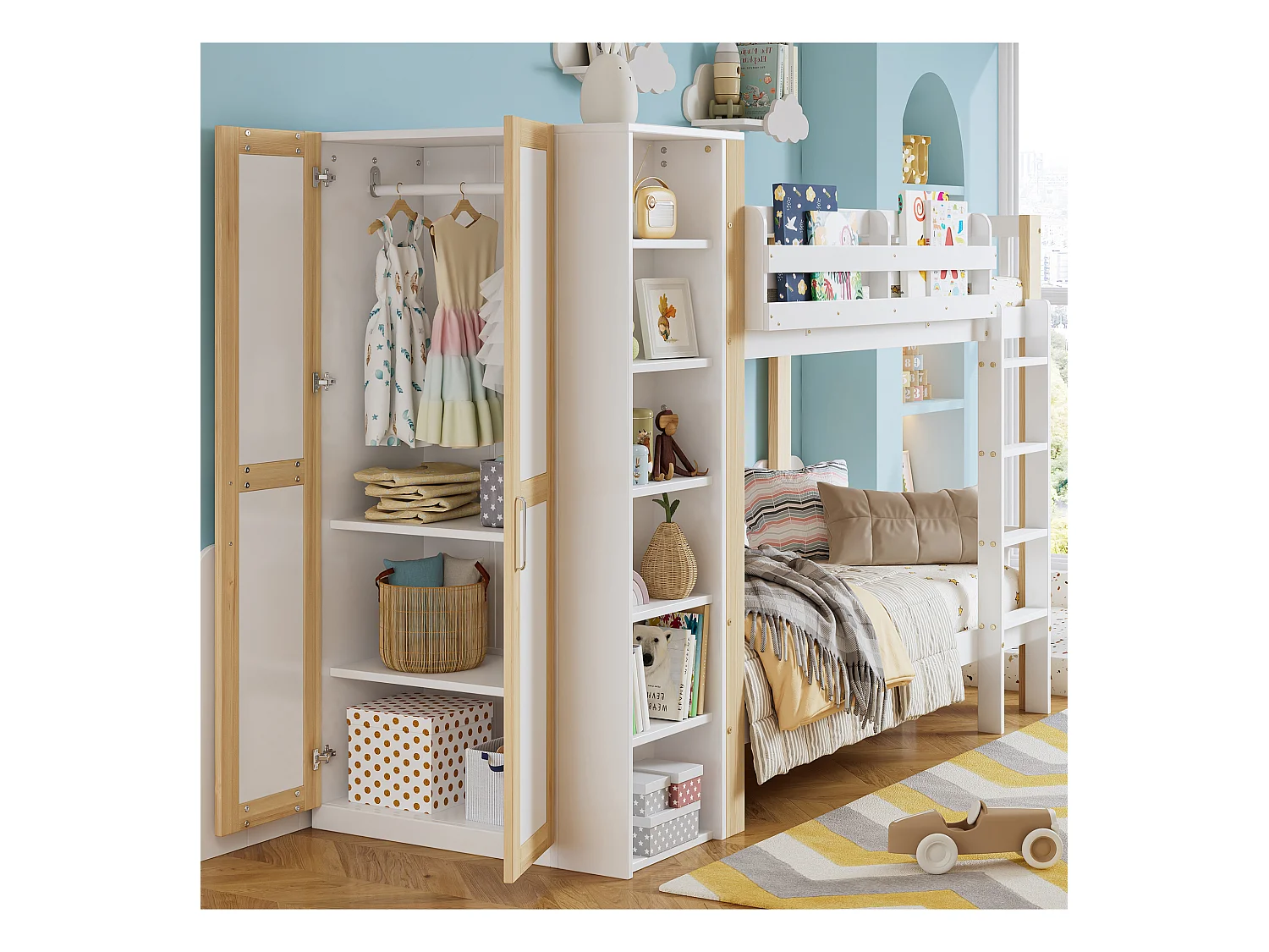 Beliche infantil - 90 x 200 cm - com 6 prateleiras abertas + guarda-roupa - pinho + PB - branco + natural