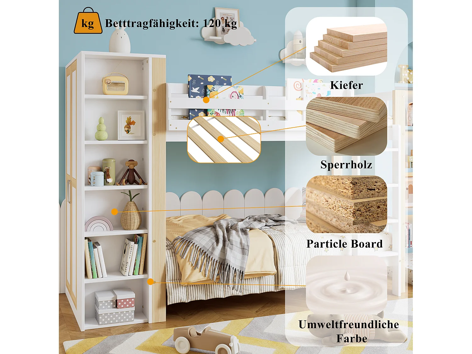 Lit superposés pour enfant - 2 x 90 x 200 cm - avec 6 étagères ouvertes + armoir - pin + PB - blanc + naturel