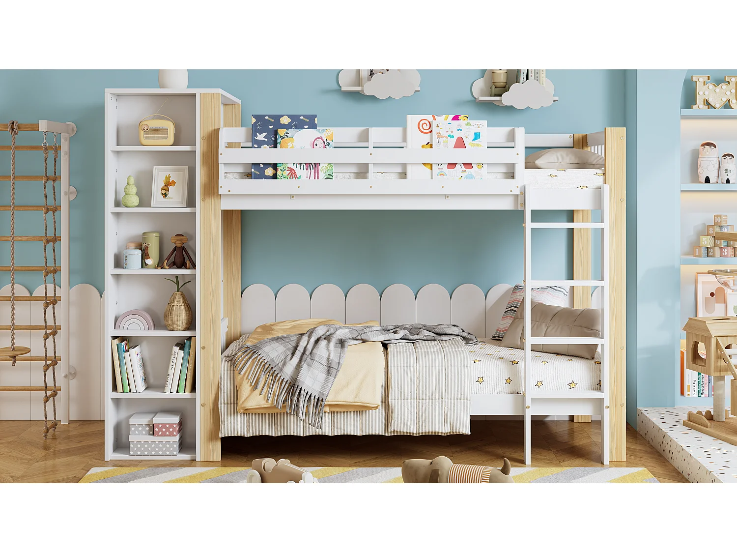 Lit superposés pour enfant - 2 x 90 x 200 cm - avec 6 étagères ouvertes + armoir - pin + PB - blanc + naturel