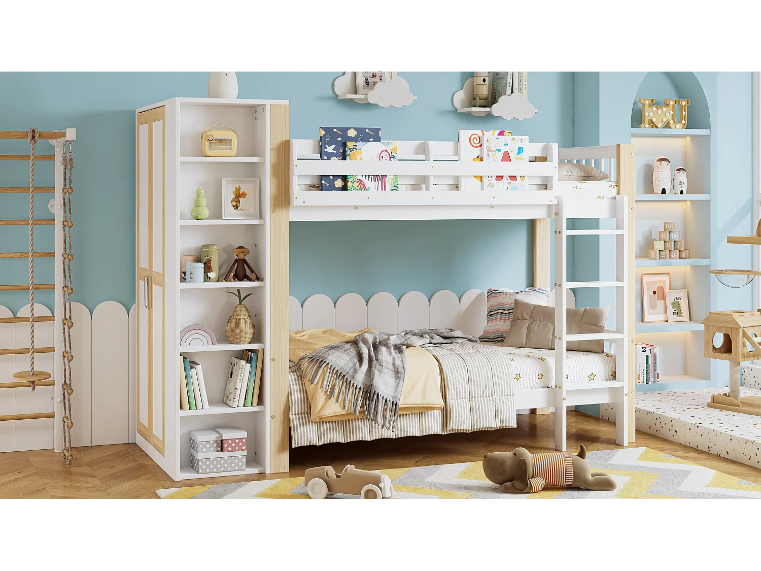 Lit superposés pour enfant - 2 x 90 x 200 cm - avec 6 étagères ouvertes + armoir - pin + PB - blanc + naturel