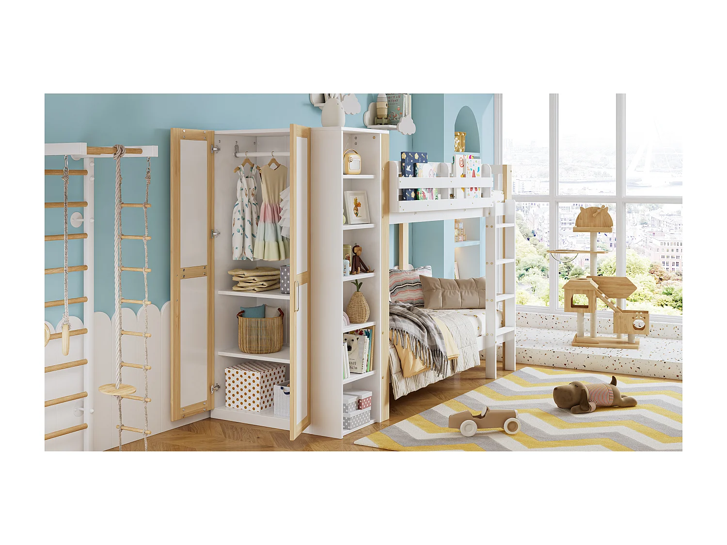 Lit superposés pour enfant - 2 x 90 x 200 cm - avec 6 étagères ouvertes + armoir - pin + PB - blanc + naturel