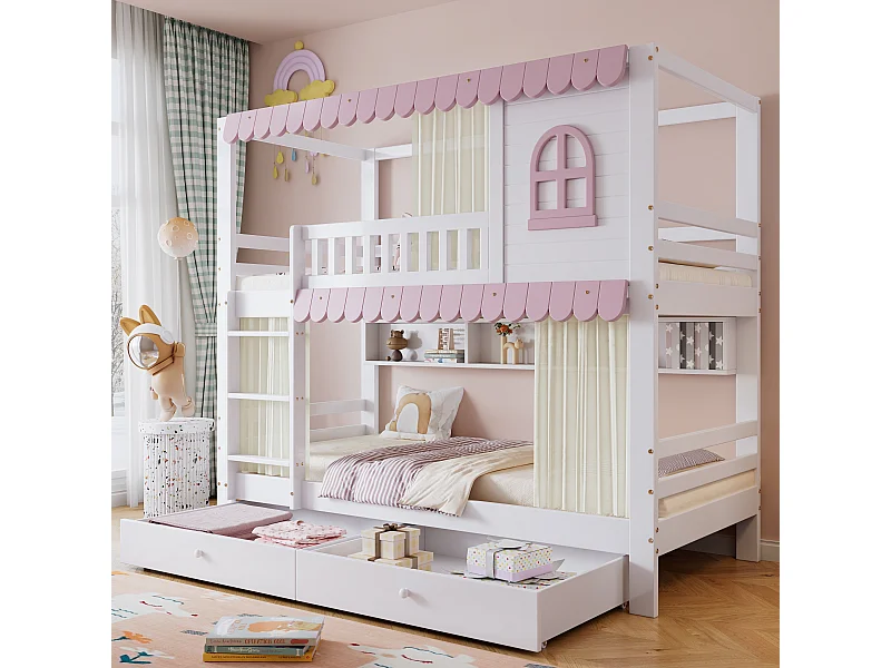 Beliche infantil - 2 x 90 x 200 cm - com janelas + cortinas + prateleira aberta + 2 gavetas - pinho + MDF - rosa