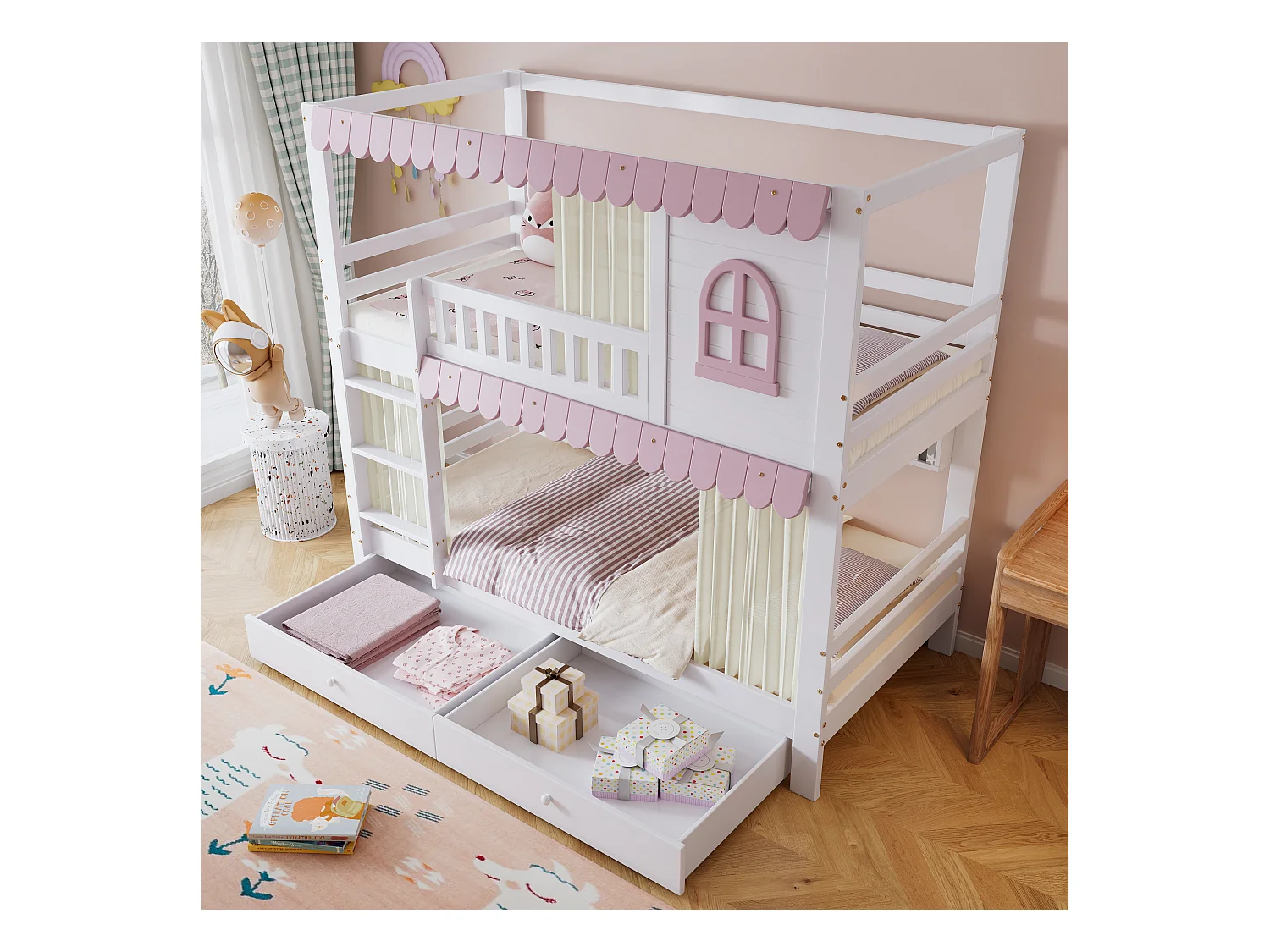 Kinder-Etagenbett - 2 x 90 x 200 cm - mit Fenstern + Vorhängen + offenem Regal + 2 Schubladen - Kiefer + MDF - rosa