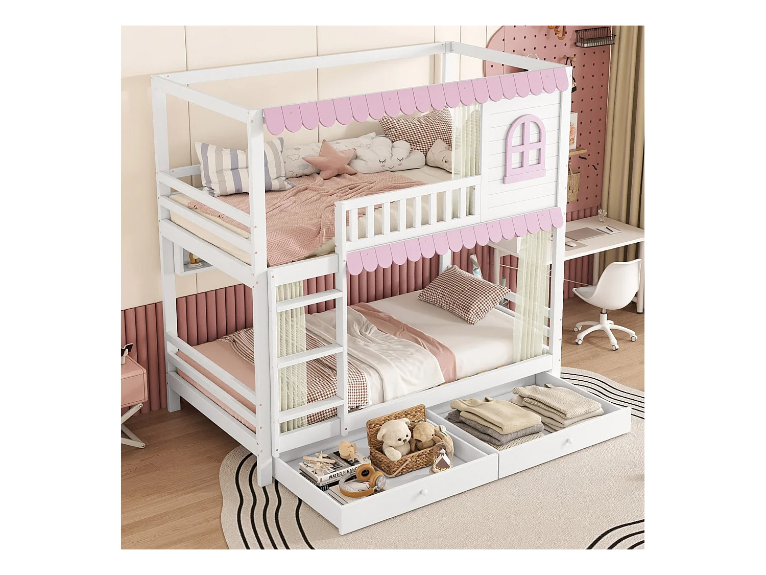 Kinder-Etagenbett - 2 x 90 x 200 cm - mit Fenstern + Vorhängen + offenem Regal + 2 Schubladen - Kiefer + MDF - rosa