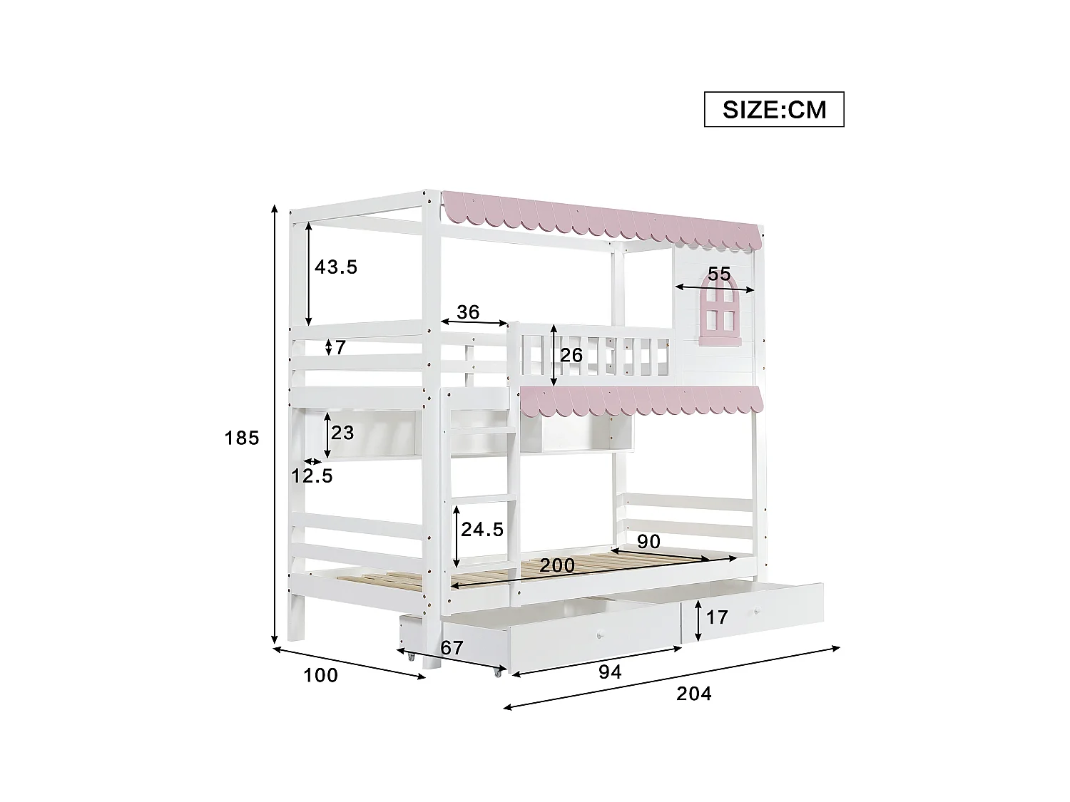 Kinder-Etagenbett - 2 x 90 x 200 cm - mit Fenstern + Vorhängen + offenem Regal + 2 Schubladen - Kiefer + MDF - rosa