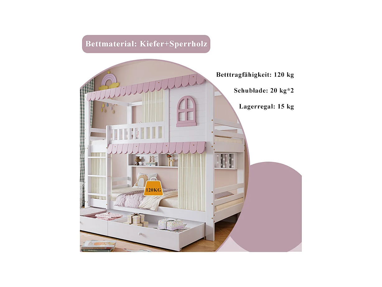 Kinder-Etagenbett - 2 x 90 x 200 cm - mit Fenstern + Vorhängen + offenem Regal + 2 Schubladen - Kiefer + MDF - rosa