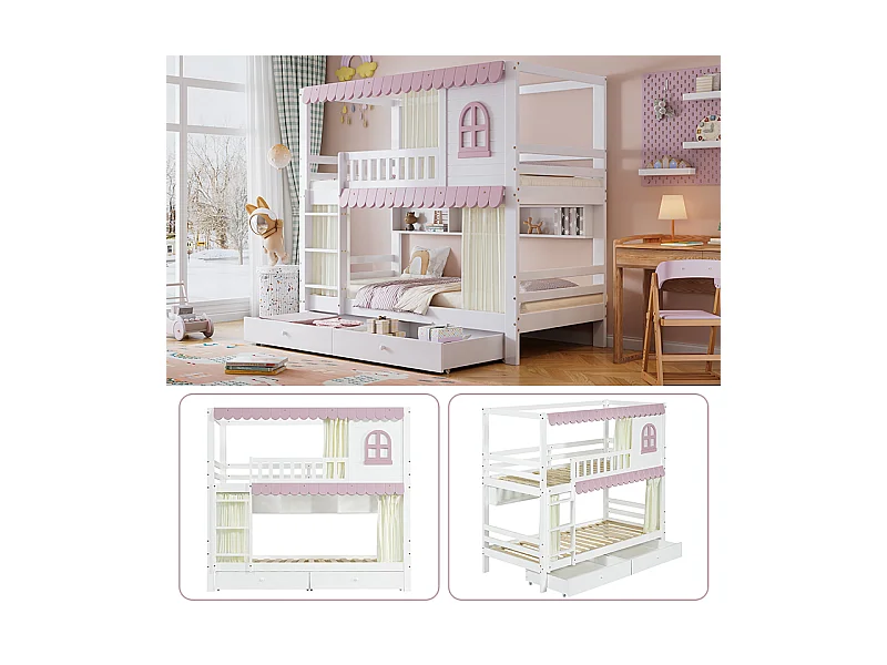 Kinder-Etagenbett - 2 x 90 x 200 cm - mit Fenstern + Vorhängen + offenem Regal + 2 Schubladen - Kiefer + MDF - rosa