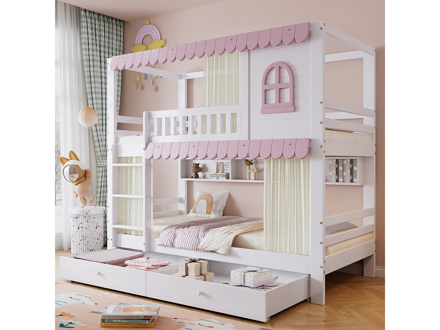 Litera infantil - 2 x 90 x 200 cm - con ventanas + cortinas + estante ...