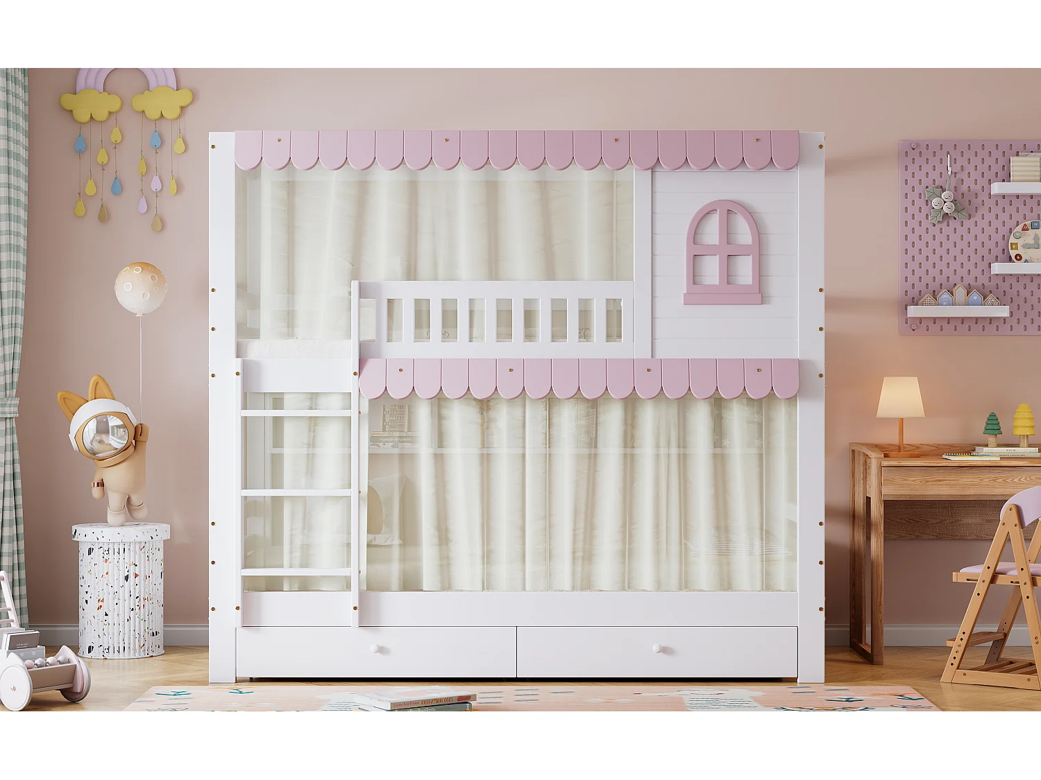 Lit superposés pour enfants - 2 x 90 x 200 cm - avec fenêtres + rideaux + étagère ouverte + 2 tiroirs - pin + MDF - blanc