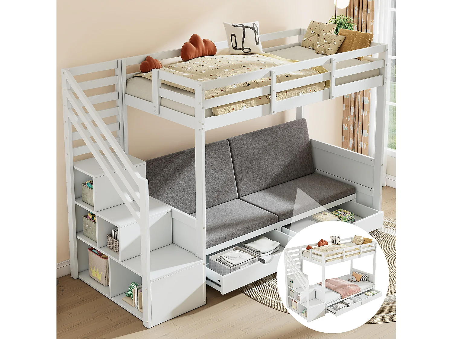 Łóżko piętrowe dla dzieci - 2 x 90 x 200 cm - ze schowkiem schodowym + 2 szuflady - łóżko lub sofa - lite drewno - białe