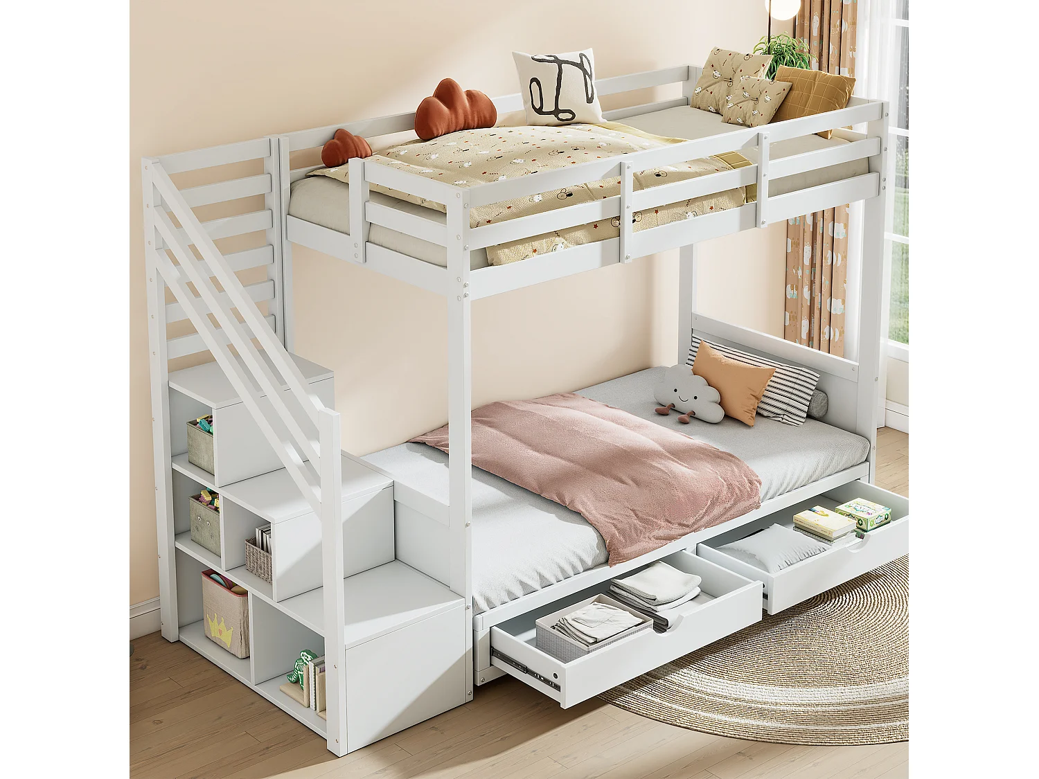 Łóżko piętrowe dla dzieci - 2 x 90 x 200 cm - ze schowkiem schodowym + 2 szuflady - łóżko lub sofa - lite drewno - białe