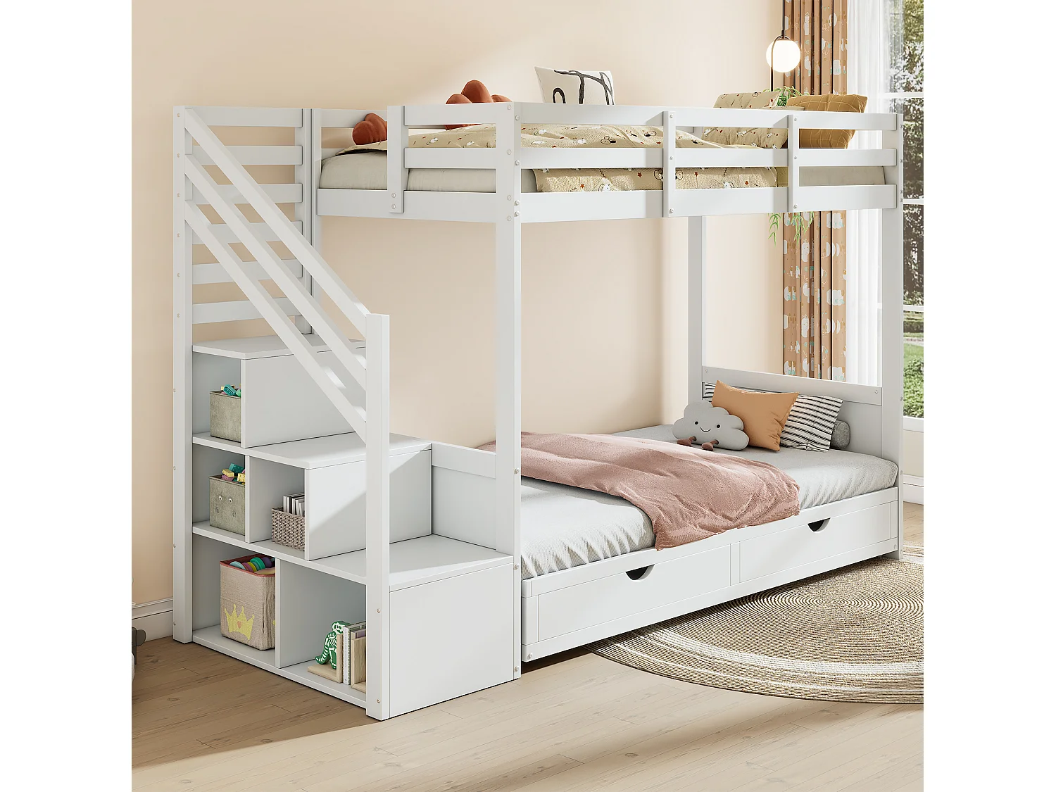 Łóżko piętrowe dla dzieci - 2 x 90 x 200 cm - ze schowkiem schodowym + 2 szuflady - łóżko lub sofa - lite drewno - białe