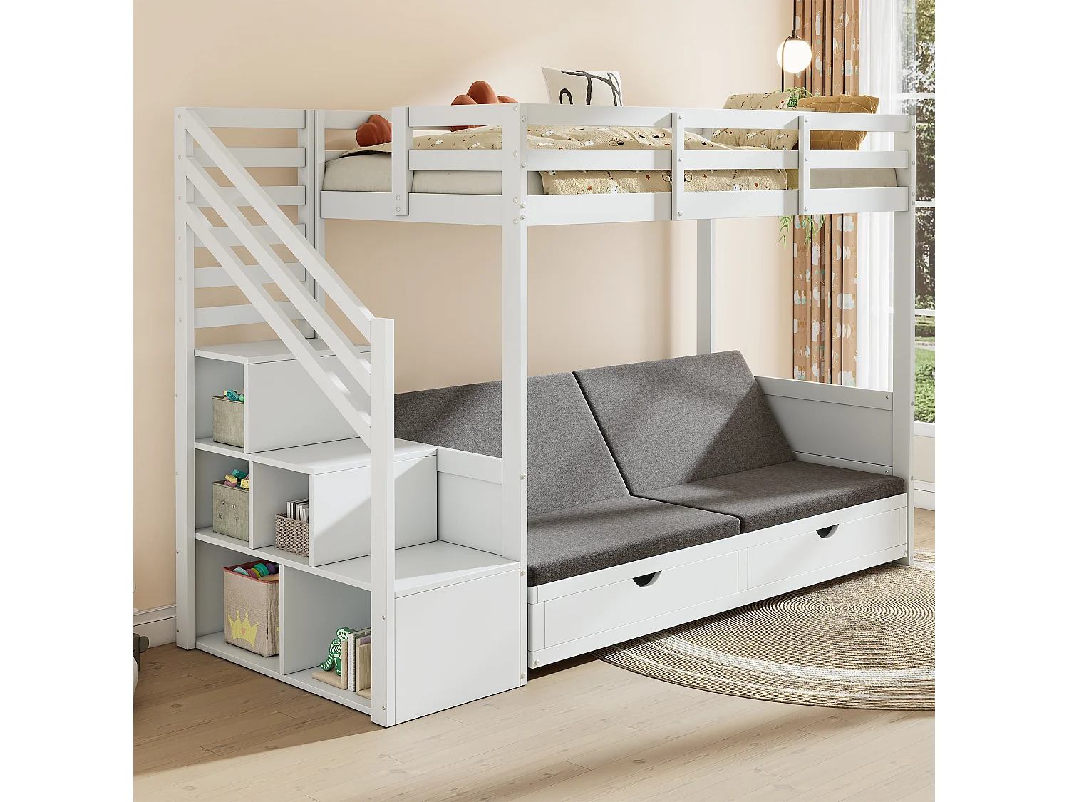 Łóżko piętrowe dla dzieci - 2 x 90 x 200 cm - ze schowkiem schodowym + 2 szuflady - łóżko lub sofa - lite drewno - białe