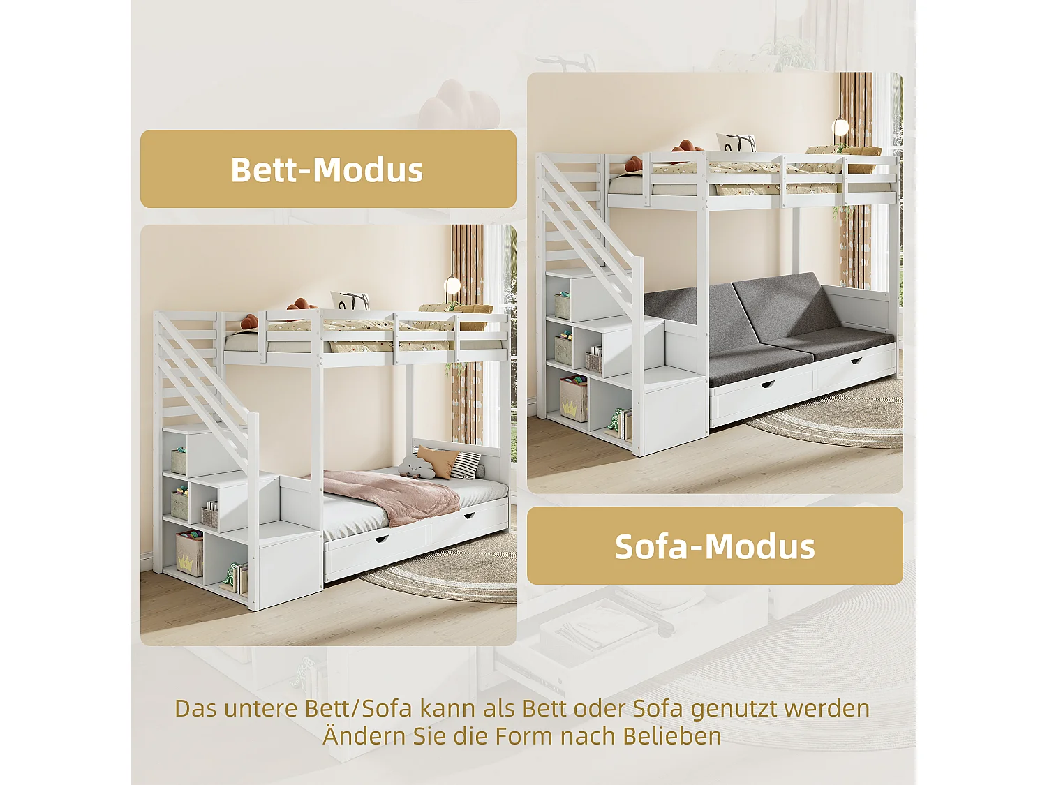 Łóżko piętrowe dla dzieci - 2 x 90 x 200 cm - ze schowkiem schodowym + 2 szuflady - łóżko lub sofa - lite drewno - białe