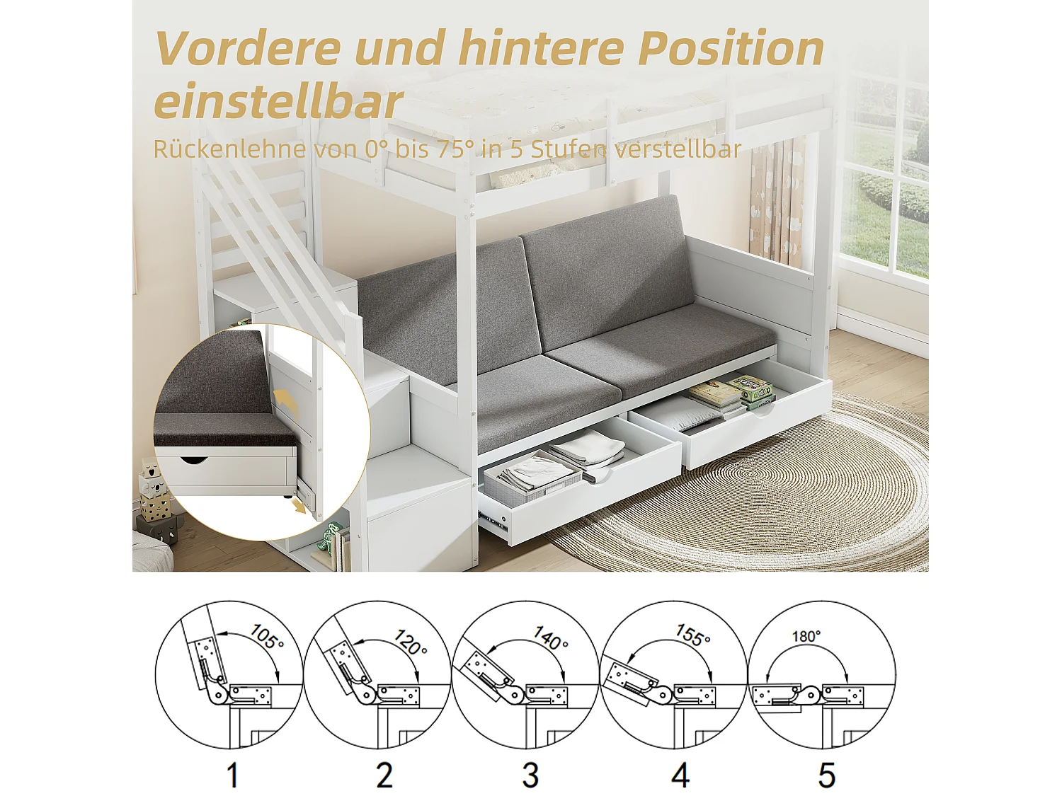 Łóżko piętrowe dla dzieci - 2 x 90 x 200 cm - ze schowkiem schodowym + 2 szuflady - łóżko lub sofa - lite drewno - białe