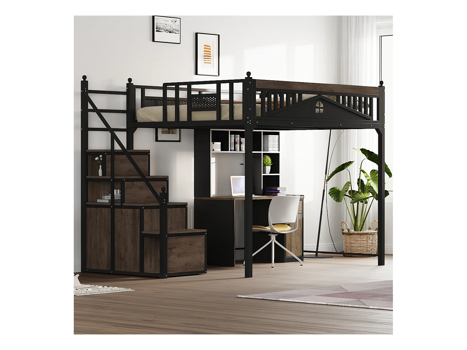 Hochbett - 140 x 200 cm - auswechselbare Aufstiegsleiter mit Stauraum - Holz + Metall - schwarz