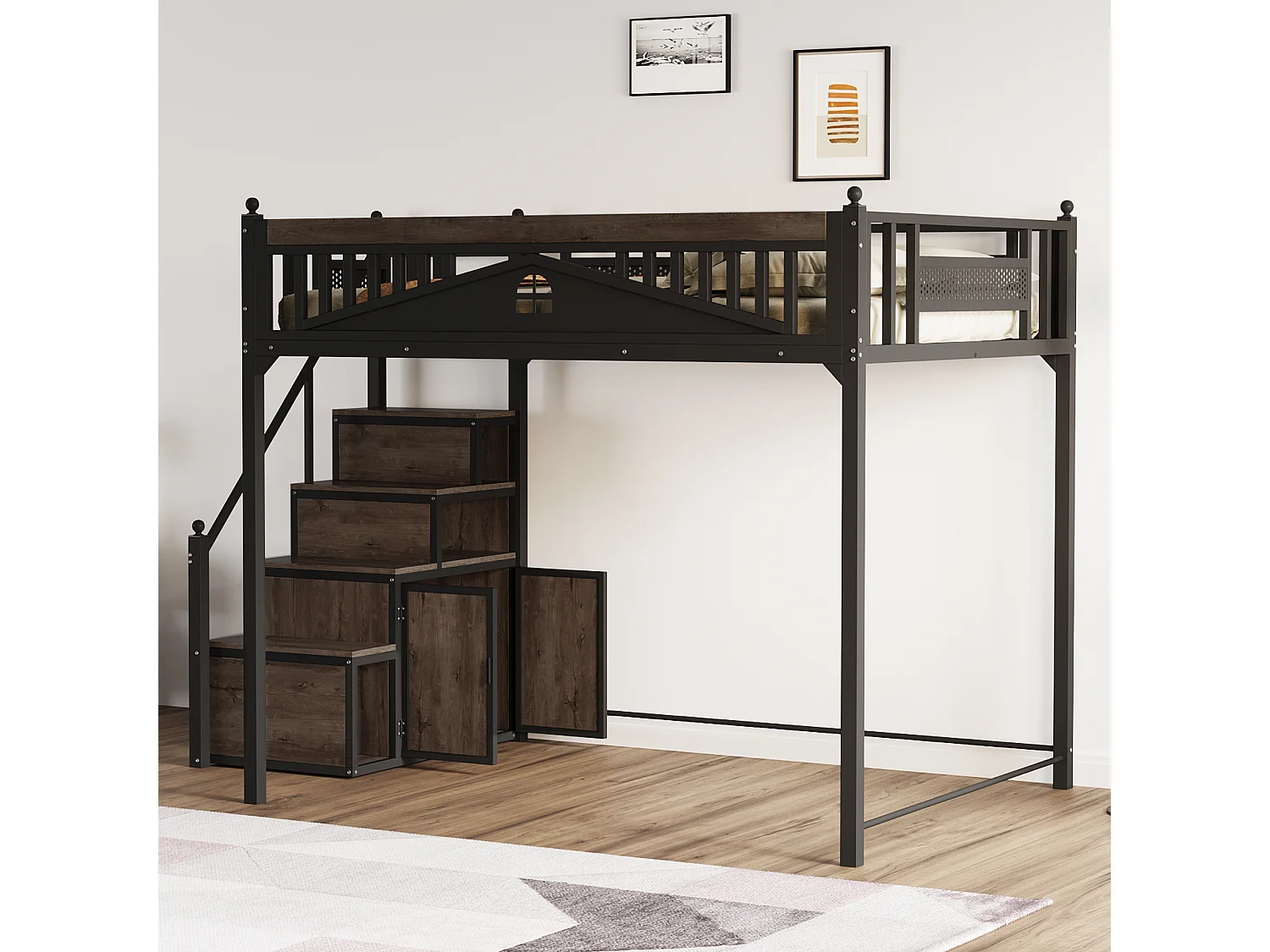 Letto a soppalco - 140 x 200 cm - scaletta intercambiabile con contenitore - legno + metallo - nero