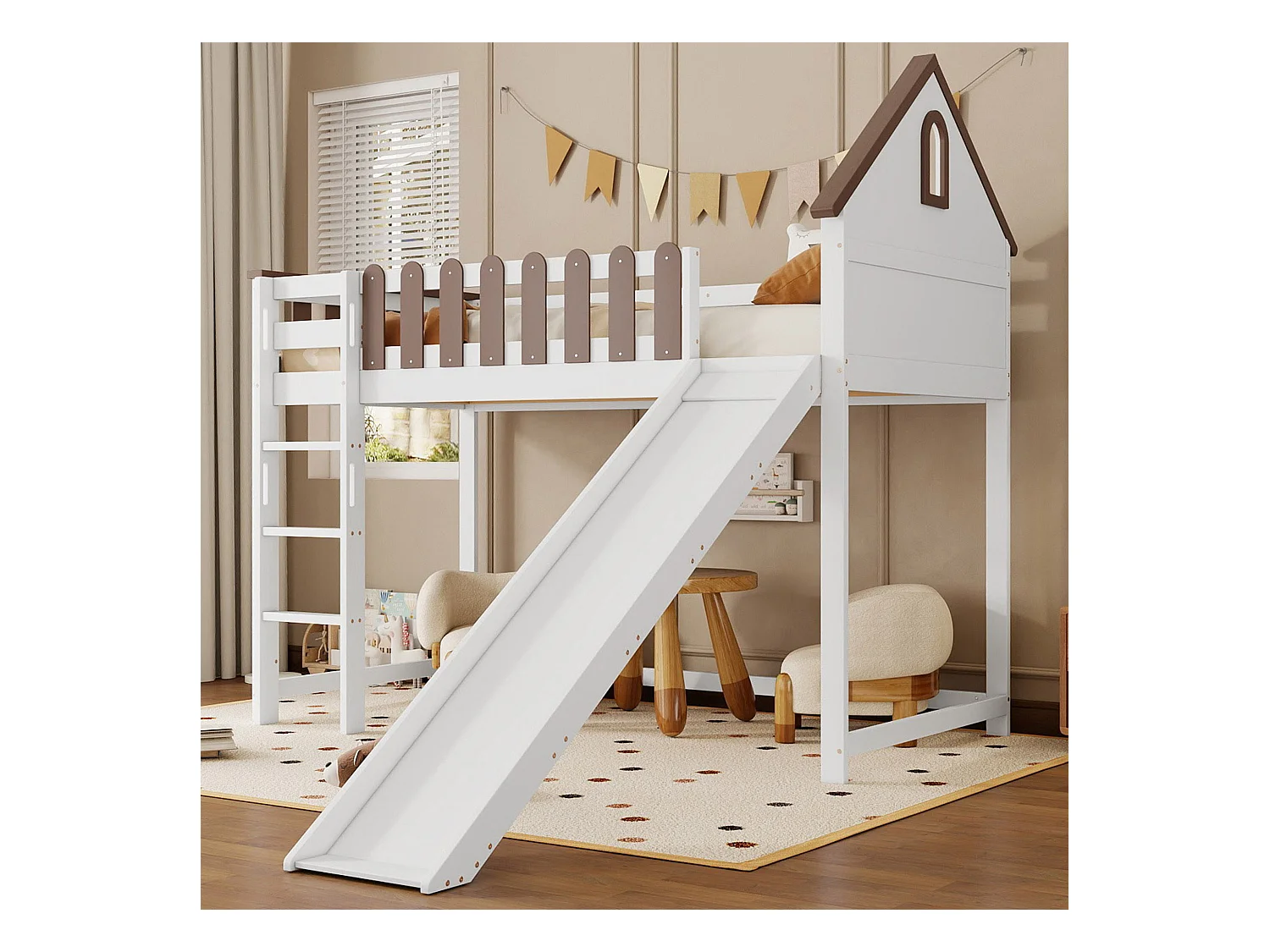 Lit mezzanine pour enfant - 90 x 200 cm - avec toit + fenêtre + toboggan - pin + MDF - blanc
