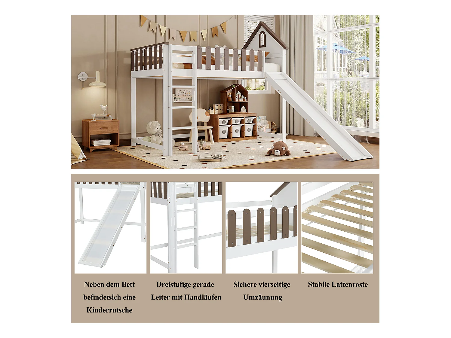 Lit mezzanine pour enfant - 90 x 200 cm - avec toit + fenêtre + toboggan - pin + MDF - blanc