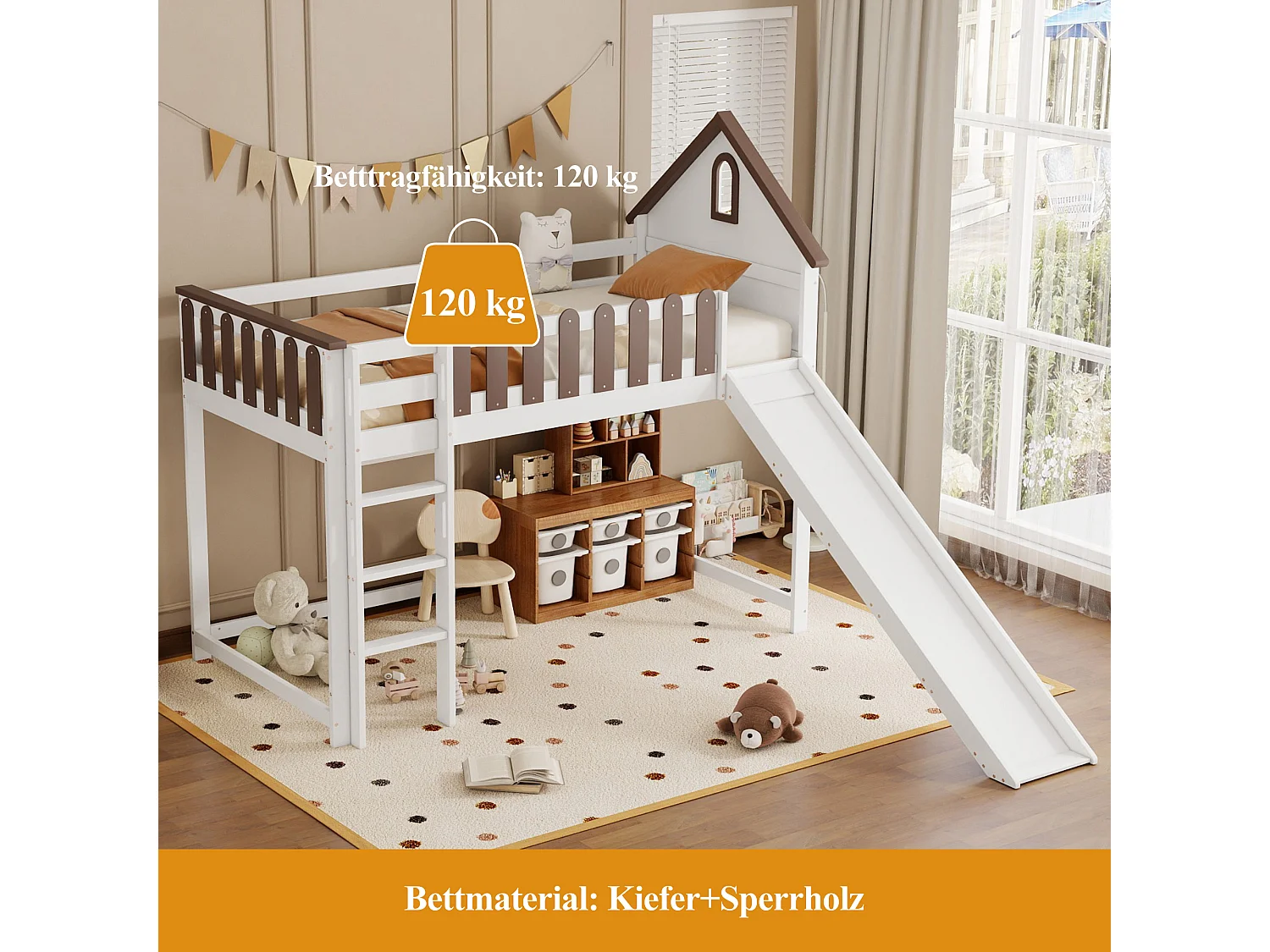 Lit mezzanine pour enfant - 90 x 200 cm - avec toit + fenêtre + toboggan - pin + MDF - blanc