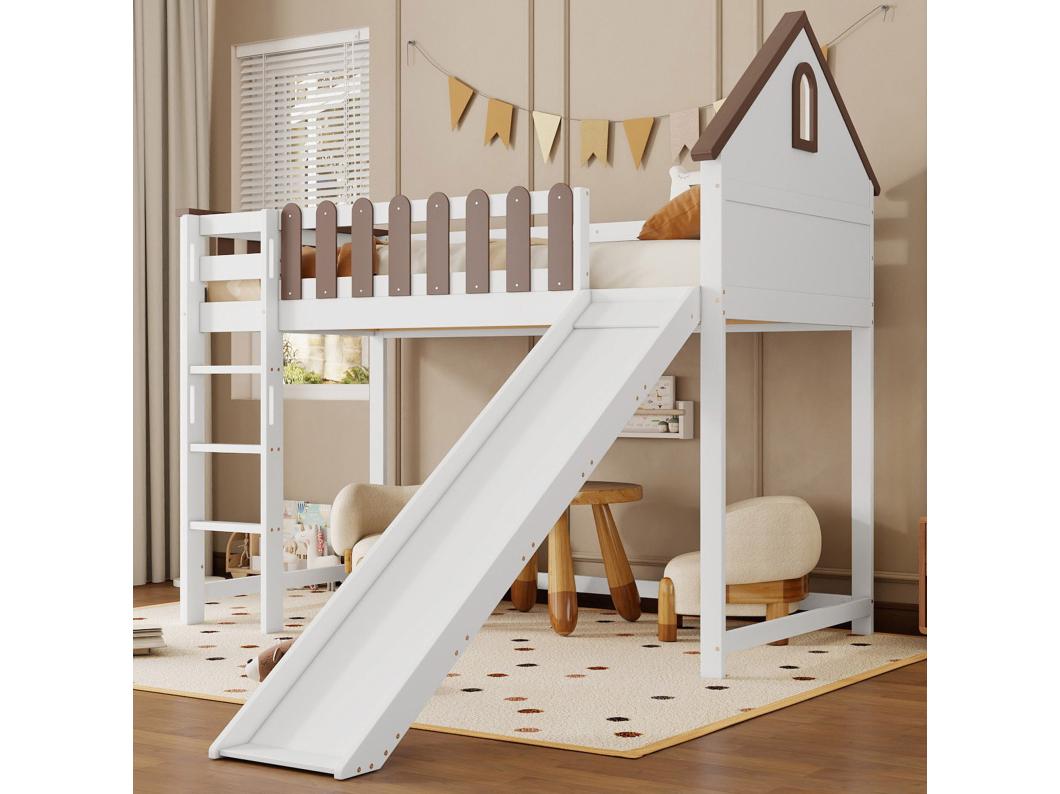 Cama alta infantil - 90 x 200 cm - com teto + janela + escorregador - pinho + MDF - branco