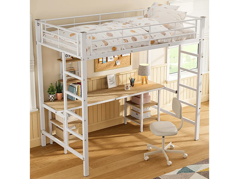 Lit mezzanine pour enfant - 90 x 200 cm - avec table et étagères de rangement - fer + MDF - blanc