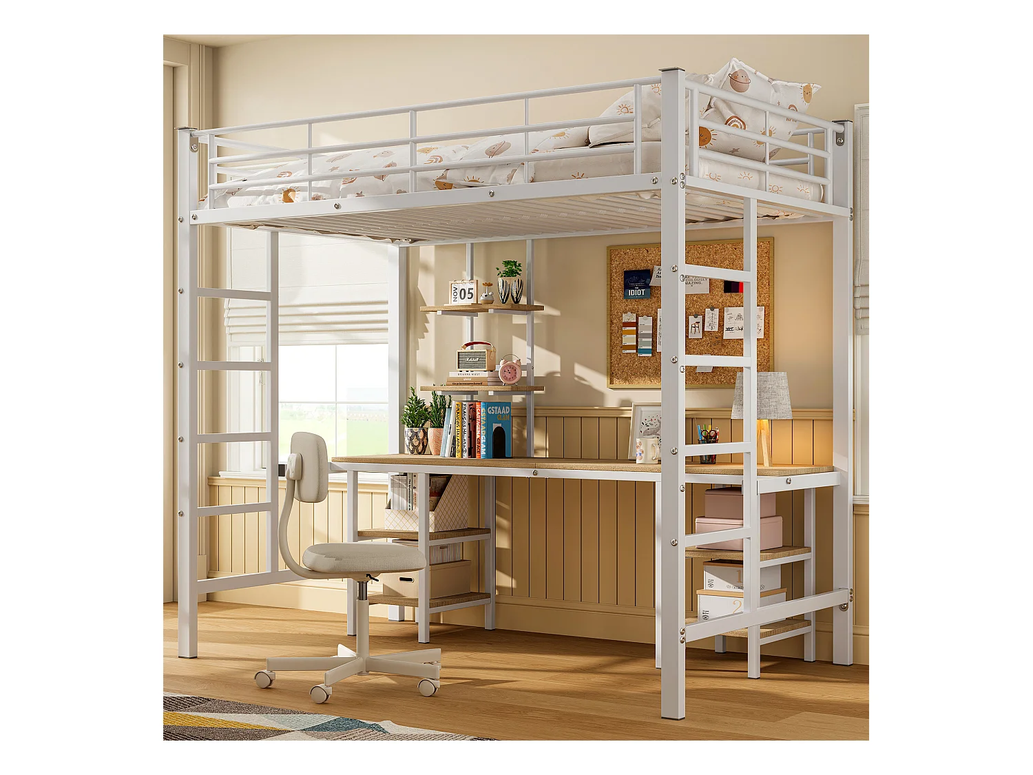 Lit mezzanine pour enfant - 90 x 200 cm - avec table et étagères de rangement - fer + MDF - blanc
