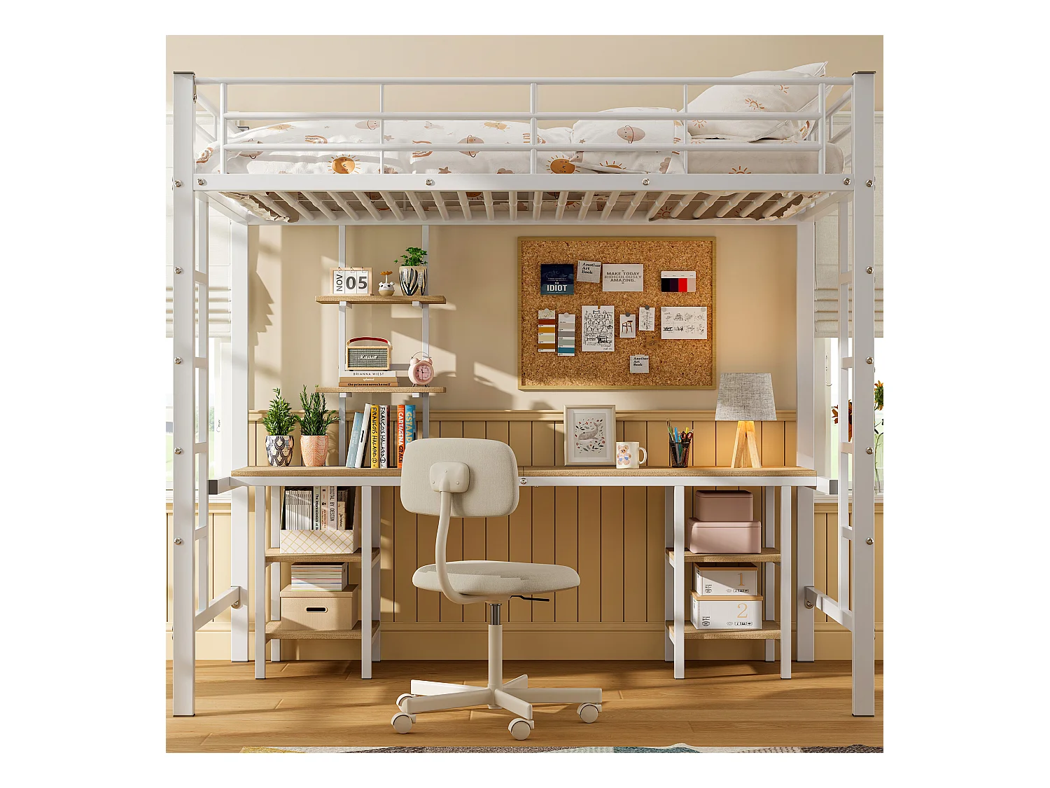 Lit mezzanine pour enfant - 90 x 200 cm - avec table et étagères de rangement - fer + MDF - blanc