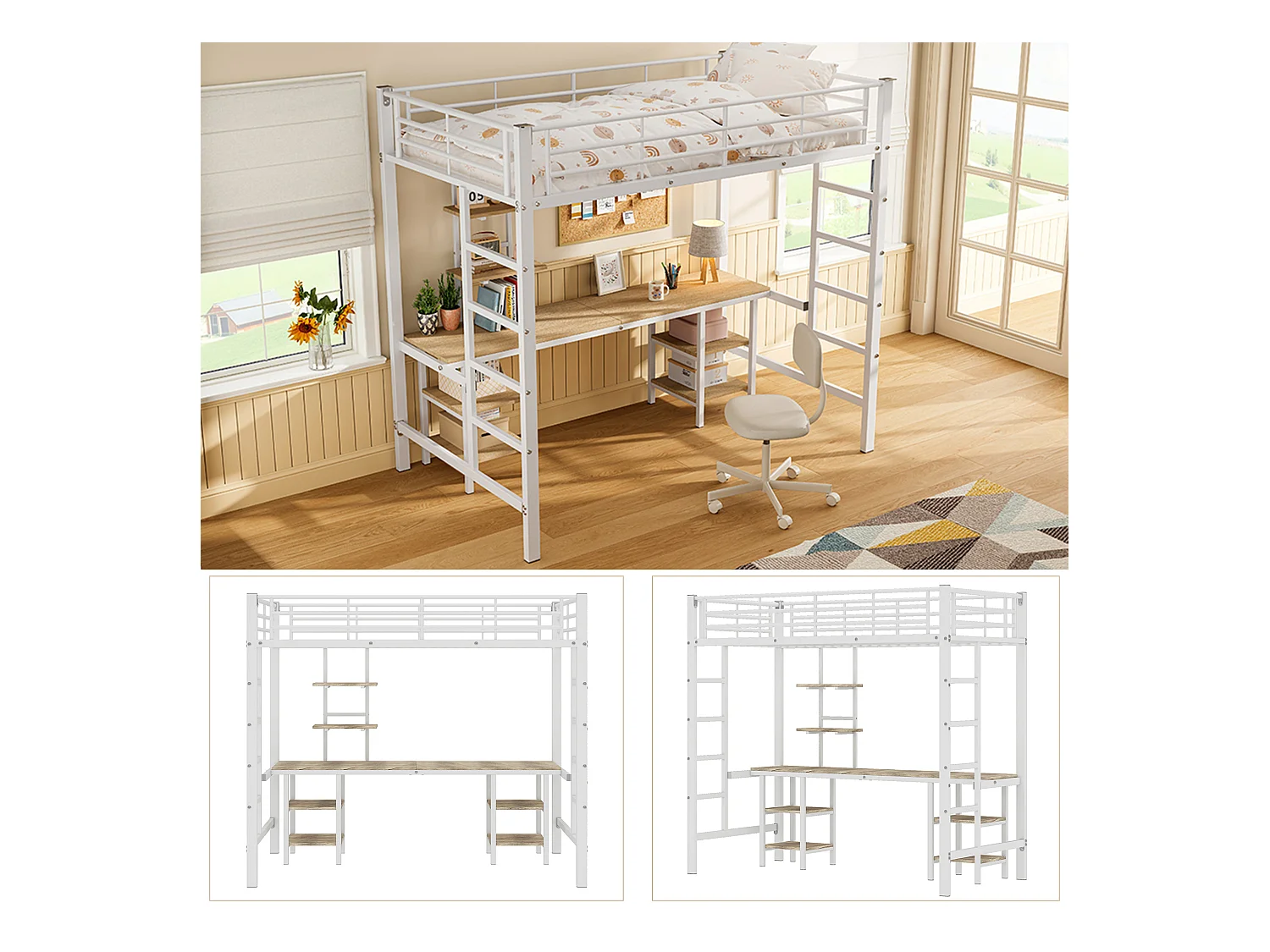 Letto a soppalco per bambini - 90 x 200 cm - con tavolo e ripiani portaoggetti - ferro + MDF - bianco