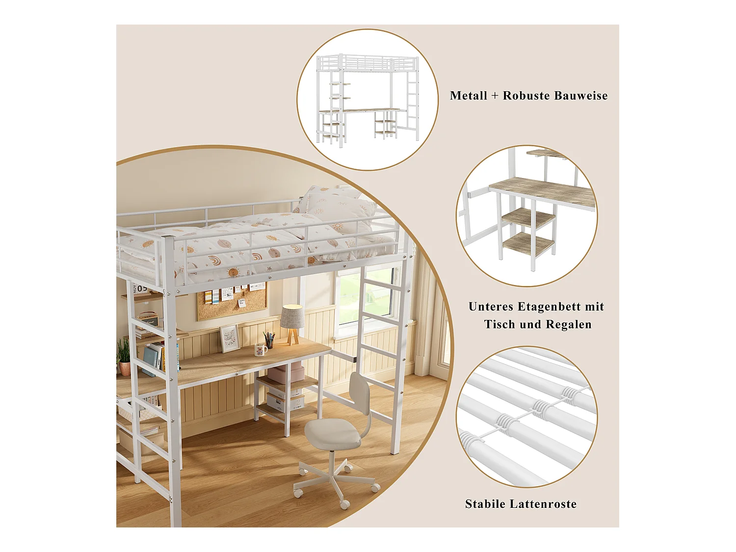 Letto a soppalco per bambini - 90 x 200 cm - con tavolo e ripiani portaoggetti - ferro + MDF - bianco