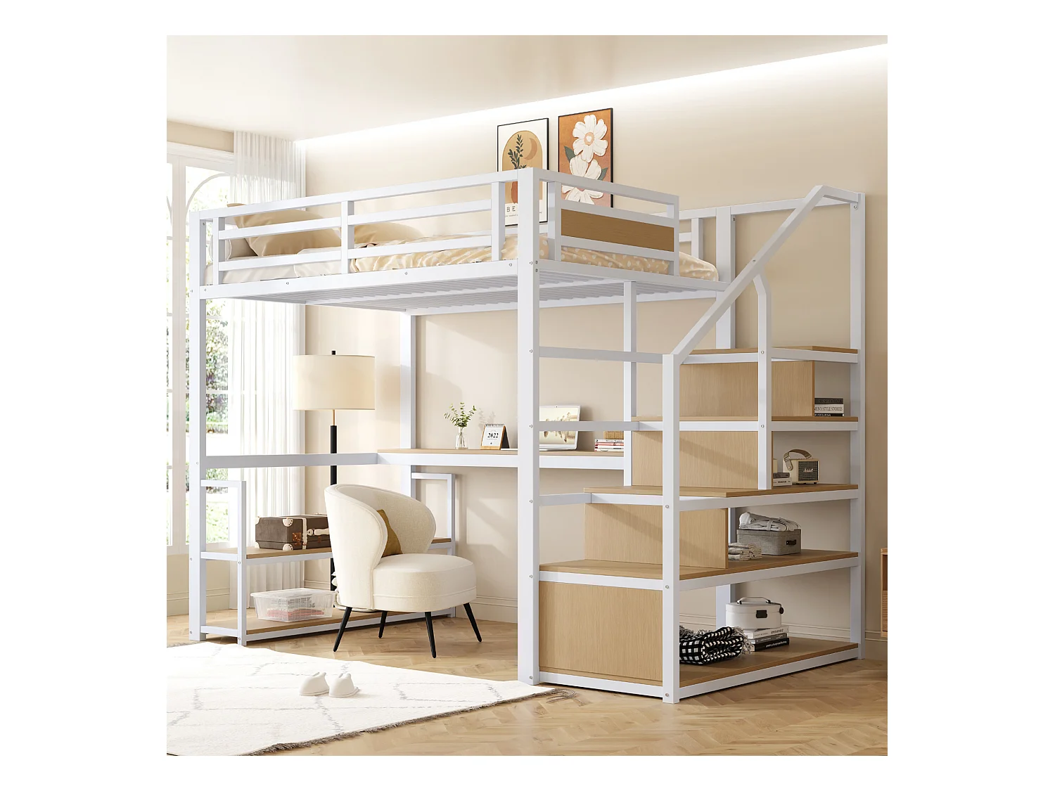 Lit mezzanine - 140 x 200 cm - avec échelle de rangement + étagères + table - en métal- blanc