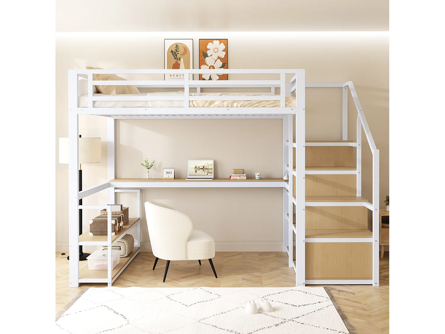 Lit mezzanine - 140 x 200 cm - avec échelle de rangement + étagères + table - en métal- blanc